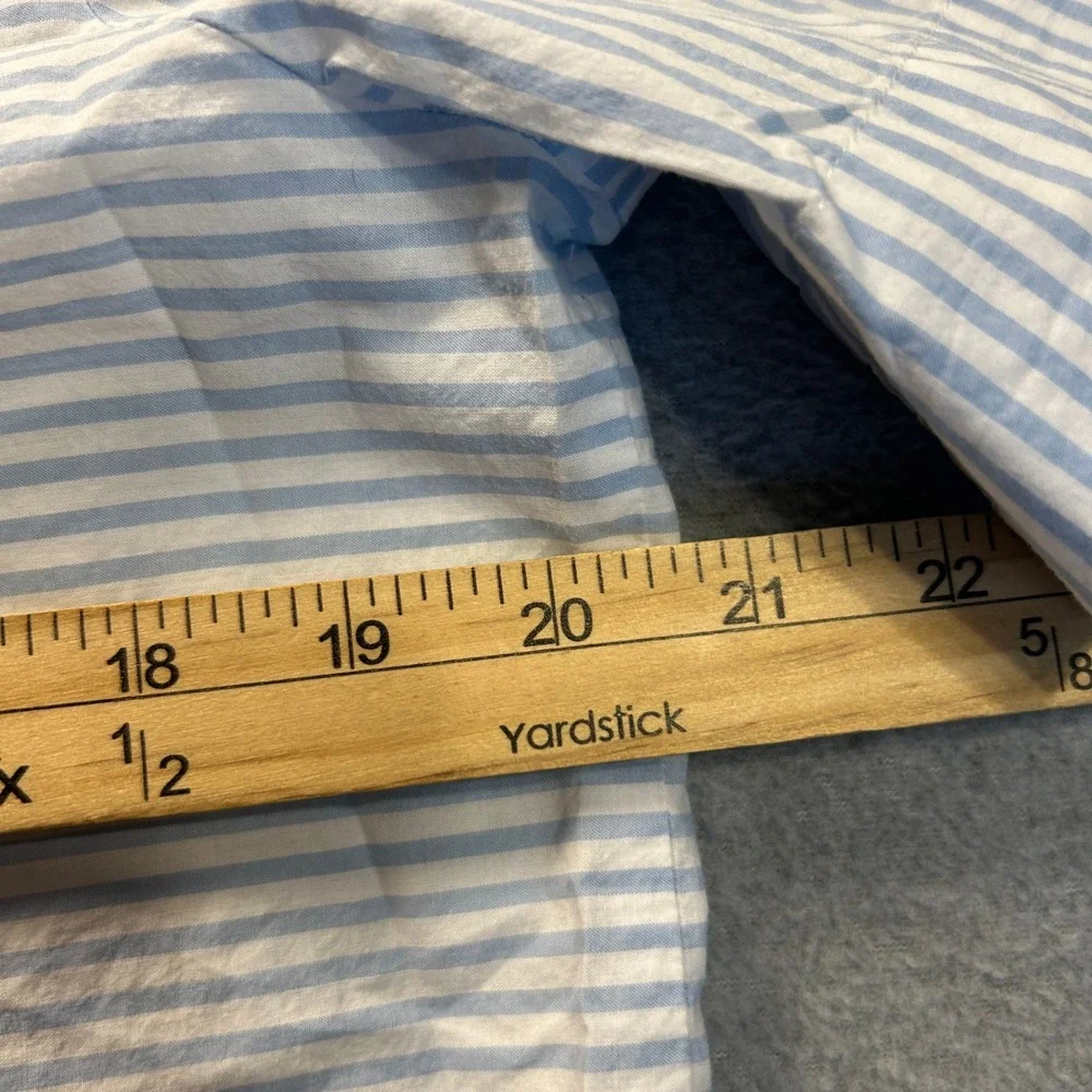 Chico's Popover Blouse Womens Size 1 Blue White Stripe Short Sleeve Collared Top